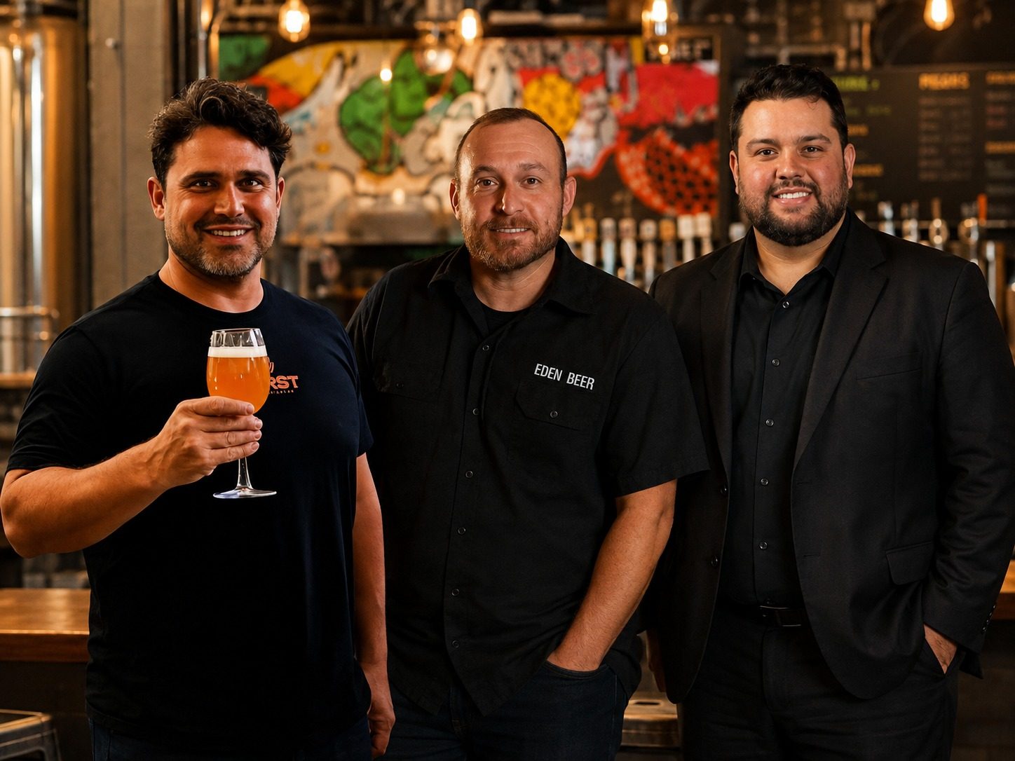Os sócios fundadores da Mate Loco reunidos em uma cervejaria